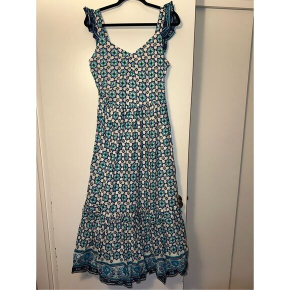 Lucky Brand Medium Ruffle Maxi Dress White Green Blue Black Pattern Mandala NWT - Picture 1 of 9